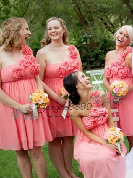 Coral Country short Bridesmaid Dresses Cheap one shoulder handmade flowers Knee Length Chiffon Maid Of The Honor Wedding Guest Gown