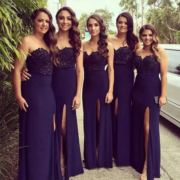 Navy Blue A-Line Bridesmaid Dresses Sweetheart Off Shoulder Appliques Lace floor length High Splits Long Prom Dresses Evening Gowns