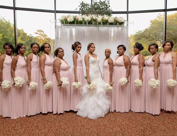 African Black Girls Blush Pink A Line Bridesmaid Dresses Sexy Jewel Neck Pleats Floor Length Formal Maid of Honor Dress Vesitdos