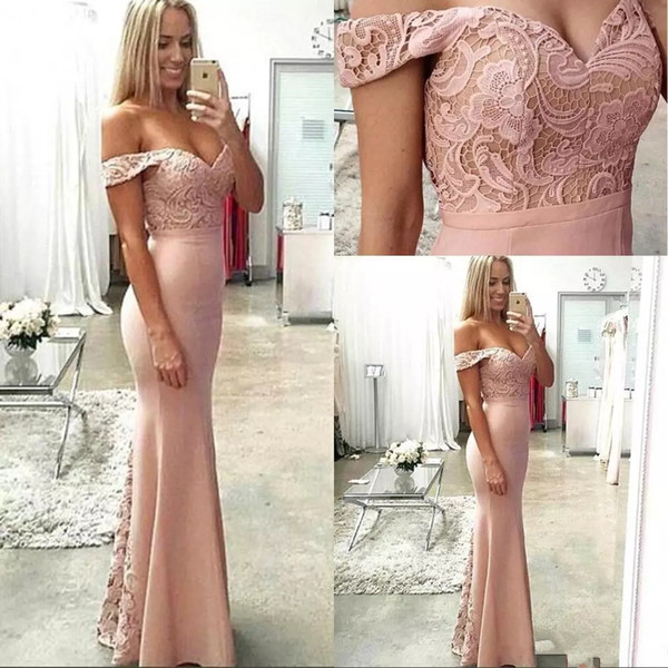 Blush Pink Mermaid Bridesmaid Dresses Off Shoulder Sleeves floor length Lace Top Backless Wedding Guest Dress maid of honor gowns Custom