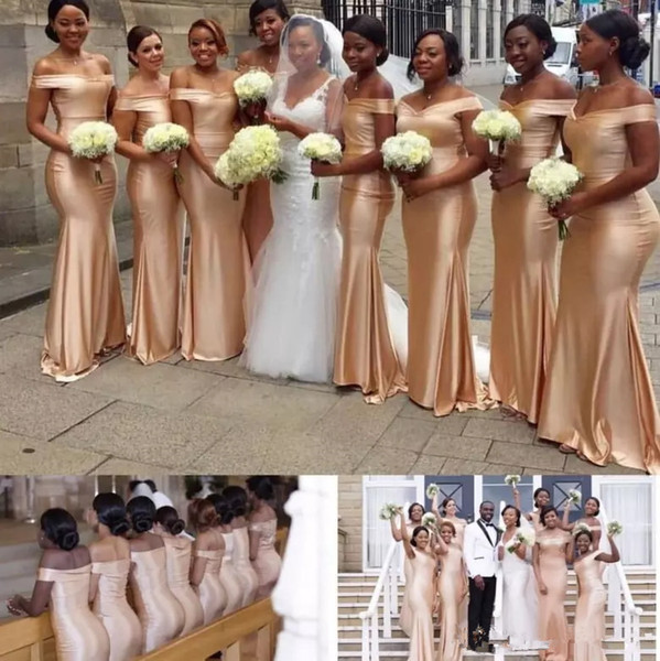 African Off The Shoulder Gold Satin Mermaid Bridesmaid Dresses Long Ruched Floor Length Wedding Guest Maid Of Honor gowns