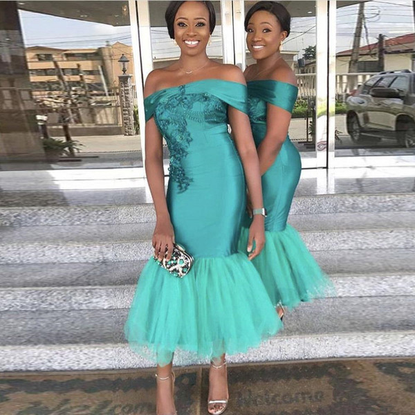 Hunter green Mermaid Bridesmaid Dresses Off The Shoulder Tea Length Short Maid Of Honor Gowns Cheap African Bridesmaid Dress