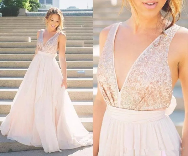 Modern Sheer Rose Gold Sequins bridesmaids dress Blush Pink chiffon Backless A-Line V-Neck Sash Bow Sexy Beach maid of honor gowns