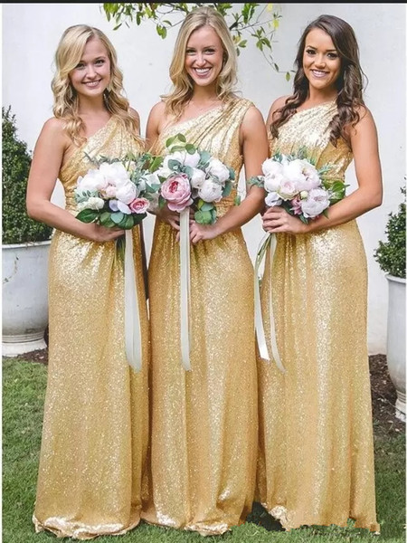 Rose Gold Yellow Sequins Bridesmaid Dresses One Shoulder Pleats Long Floor Length Plus Size Formal Weddings Guest Maid of Honor Gowns