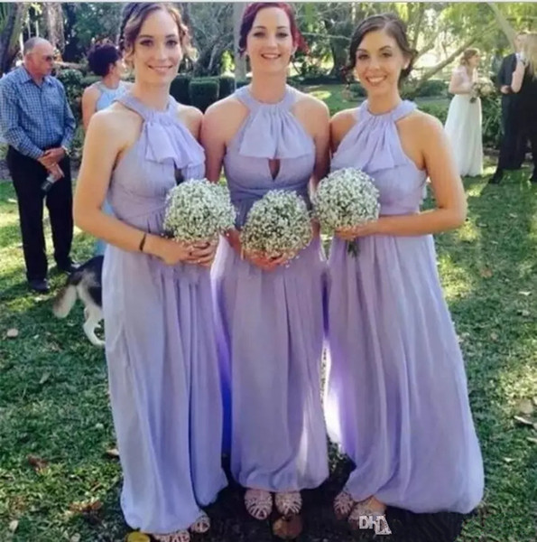 Sexy open neck Cheap halter Country Bridesmaids Dresses empire floor length backless lilac Beach Wedding Guest Gowns Maid of Honors