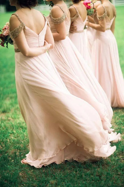 Long Chiffon Cheap Blush Bridesmaid Dresses for Wedding Long straps A-Line Backless Formal gowns Party Beads Maid Of Honor Dresses