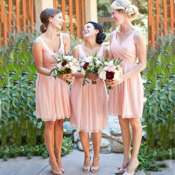 Knee Length Blush Pink Chiffon Bridesmaid Dresses V Neck Ruched Sleevelss Cheap Party Maid Of Honor Gown