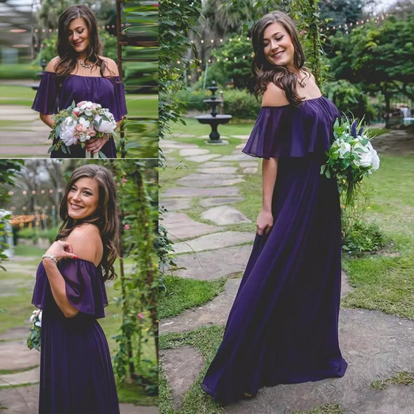 Cheap Long purple A line boho beach Bridesmaid Dresses bateau neck off shoulder sleeves Sexy garden Maid of Honor Wedding Guest Dress