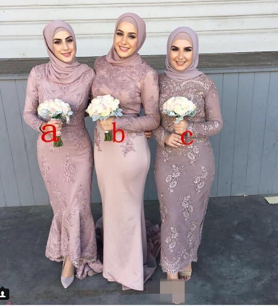 Three Styles Newest Arabic Long Bridesmaid Dresses Long Sleeve Mermaid Gorgeous Evening Prom Dress Gowns With Lace Applique Bead Cheap