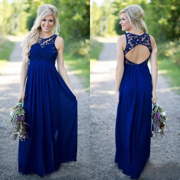 Country Style Royal Blue Lace And Chiffon A-line Bridesmaid Dresses Long Cheap Jewek Cut Out Back Floor Length Wedding Guest Dresses