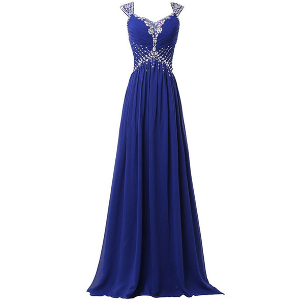 Beaded Long Chiffon Bridesmaid Dresses with Cap Sleeve Royal Blue Wedding Guest Dress Robe Demoiselle D'Honneur