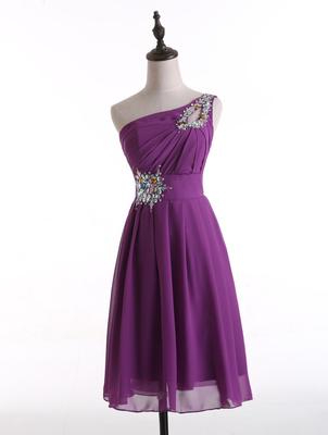 One Shoulder Beaded Crystal Short Bridesmaid Dress Purple 2019 Knee Length Wedding Party Dress Lace Up