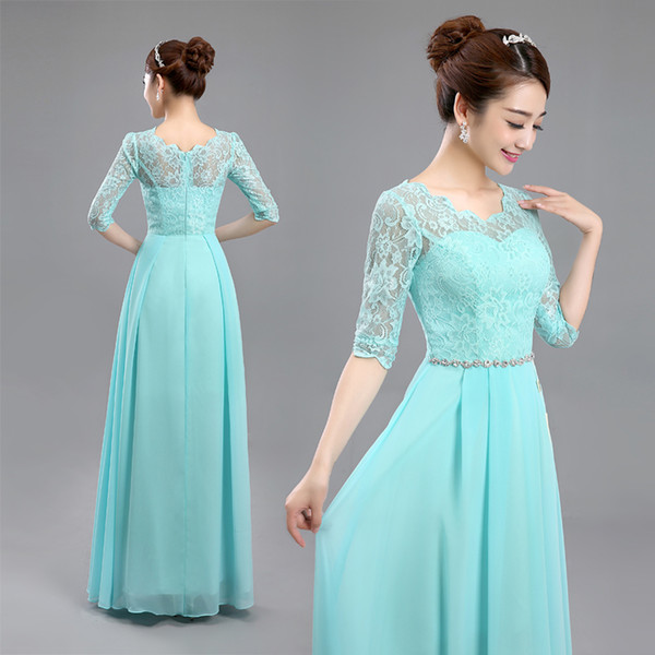 Scoop Neck Lace Chiffon Bridesmaid Dress With Half Sleeves New Long Wedding Party Dress Lake Blue