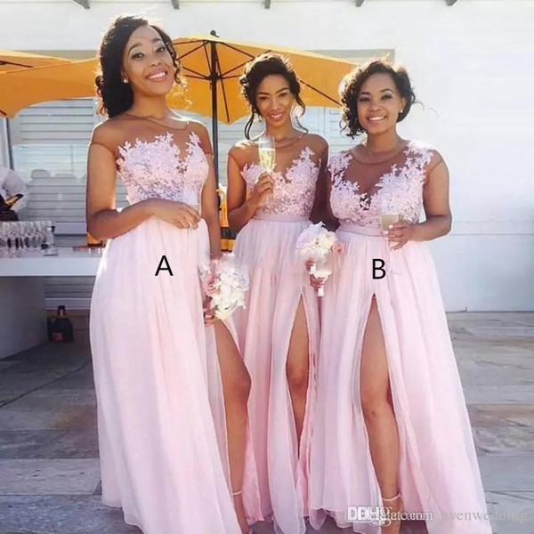 Sheer Neck Long Split Chiffon Bridesmaid Dresses Pink Party Dresses New Floor Length Prom Gowns