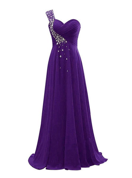 Beaded Chiffon One Shoulder Bridesmaid Dresses Purple Royal Blue Navy Long Formal Evening Gown Lace Up