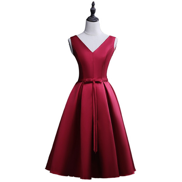 Satin Ball Gown V Neck Short Bridesmaid Dresses Burgundy 2018 Knee Length Party Dresses with Bow 100% Real Photo