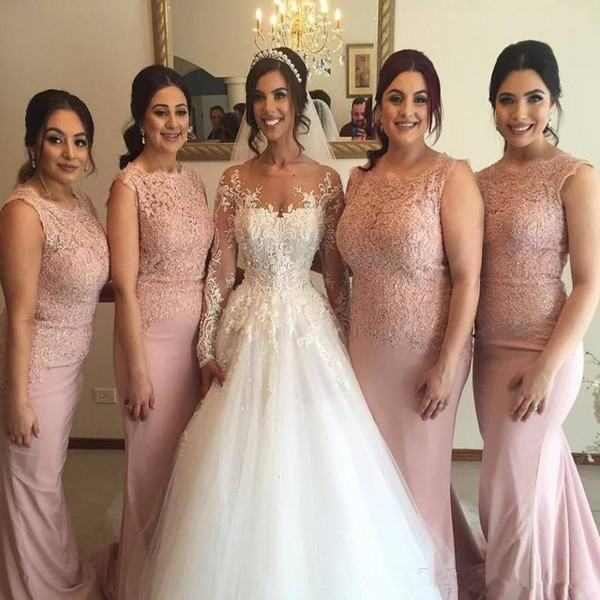 Blush Pink Satin Mermaid Bridesmaid Dresses with Lace Brautjungfernkleid Plus Size Wedding Party Dress Button Back