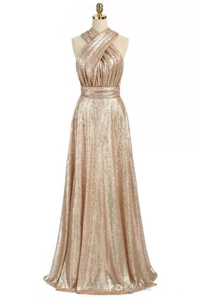 Gold Sequins Convertible Bridesmaid Dresses A-line Long Maid of Honor Dress Wedding Party Gowns Fast 