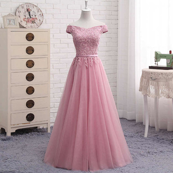 Off the Shoulder Tulle Long Bridesmaid Dresses with Lace 2019 Wedding Guest Dress Bruidsmeisjes Jurk Blush Pink