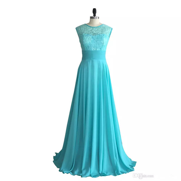 Turquoise Lace Chiffon Bridesmaid Dress Long Scoop Neck Country Wedding Formal Dresses Floor Length Evening Dresses