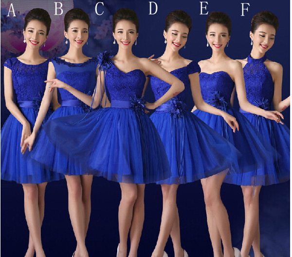 Royal Blue Fashion Short Lace Tulle Ball Gown Sweetheart Bridesmaid Dress with Flower 6 Style A-F