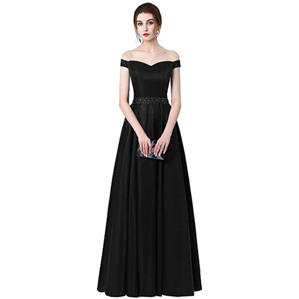 Beaded Satin Long Bridesmaid Dresses Black Royal Blue Off Shoulder Evening Dress Floor Length Party Gowns