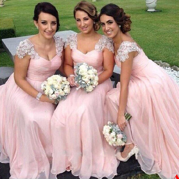 Capped Sweetheart Pleated Long Chiffon Bridesmaid Dress With Appliques Floor Length Wedding Party Dress