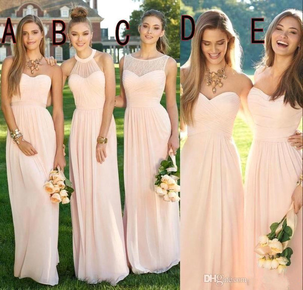 Mixed Neckline Chiffon Long Bridesmaid Dresses Pink Navy Blue Floor Length Wedding Guest Dress Zipper Back robe mariage femme