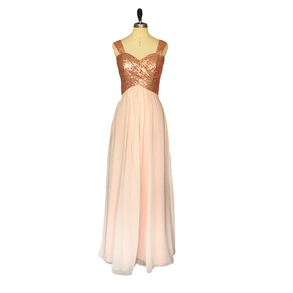 Capped Sweetheart Chiffon Bridesmaid Dresses with Gold Sequins Top Floor Length Wedding Party Dress vestido de noiva