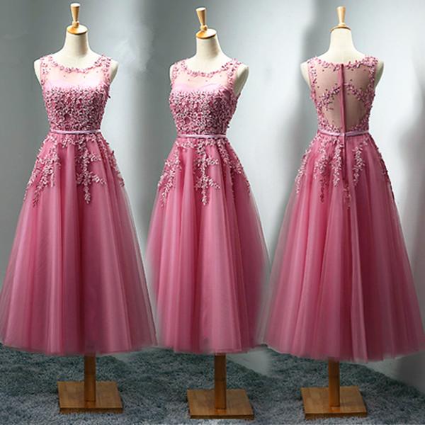 Lace Tulle Tea Length Bridesmaid Dresses with Pearls Summer Wedding Guest Dresses New Party Dresses