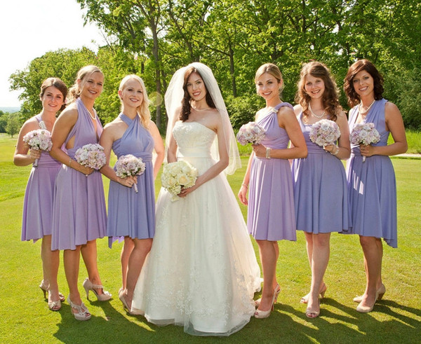 Convertible Style Chiffon Short Bridesmaid Dresses Lavender 2019 Summer Beach Wedding Party Dresses Knee Length Gowns