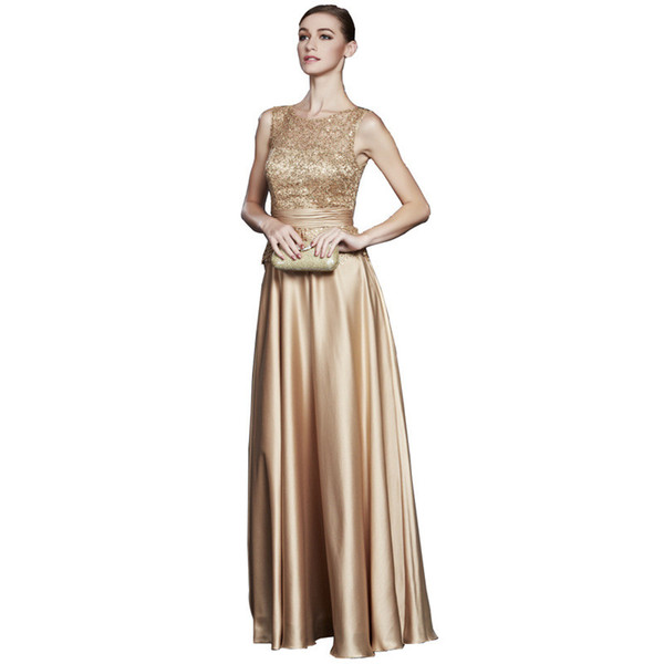 Satin A Line Bridesmaid Dresses Bling Lace Wedding Guest Dress Floor Length Evening Gowns Gold Color