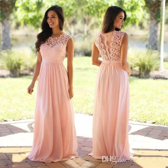 Blush Pink Lace Chiffon Country Bridesmaid Dress 2019 Sheer Neck Lace Top Zipper Back Floor Length Maid of Honor Dresses Long