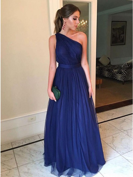 Tulle One Shoulder Bridesmaid Dress with Pleats 2019 Navy Blue Long Wedding Guest Dresses Party Gowns