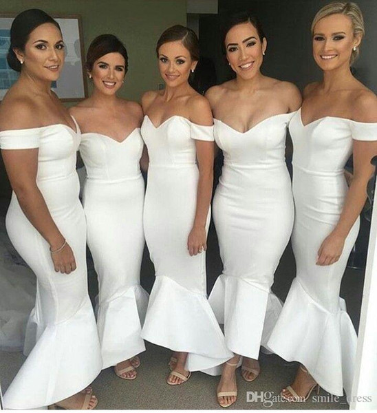 White Arabic Bridesmaid Dresses Mermaid Off Shoulder High Low Wedding Party Guest Dresses Custom Made Formal Dress SB176