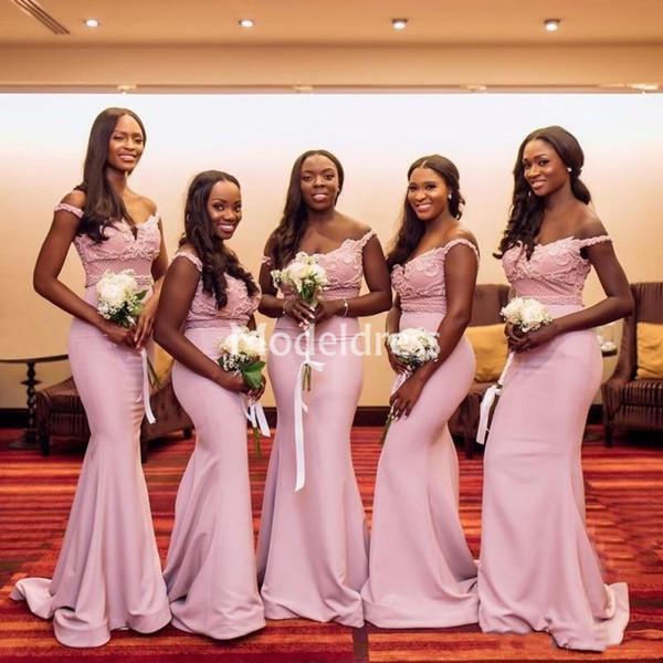 African Pink Mermaid Bridesmaid Dresses Nigeria Off Shoulder Gorgeous Black Girl Maid Of Honor Dresses Long Stylish Wedding Guest Gowns