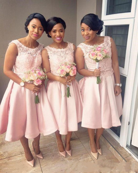 Chic Pink Tea Length Bridesmaid Dresses Scoop Appliques A-Line Garden Boho African Wedding Guest Dresses Customized abiti da donna