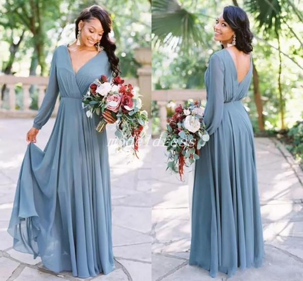 Bohemian Chiffon Bridesmaid Dresses Long Sleeve V Neck Backless Country Beach Garden African Wedding Guest Gowns Maid Of Honor Dress 