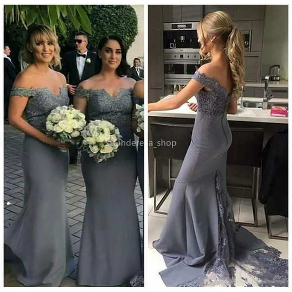 Beautiful Grey Mermaid Bridesmaid Dresses Off The Shoulder Lace Appliques Illusion Sweep Train Maid Of Honor Gowns robes de soirée