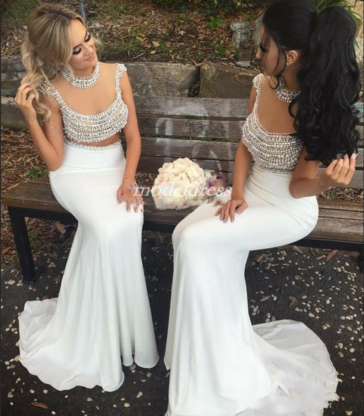 Pearls White Two Pieces Mermaid Bridesmaid Dresses See Through Sweep Train Chiffon Major Beading Arabic Garden Country Wedding Guest Gowns