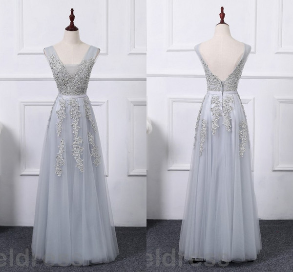 Sexy Gray Bridesmaid Dresses V-Neck Backless Appliques Beaded Floor Length Long Wedding Guest Gowns Maid Of The Gowns Arabic