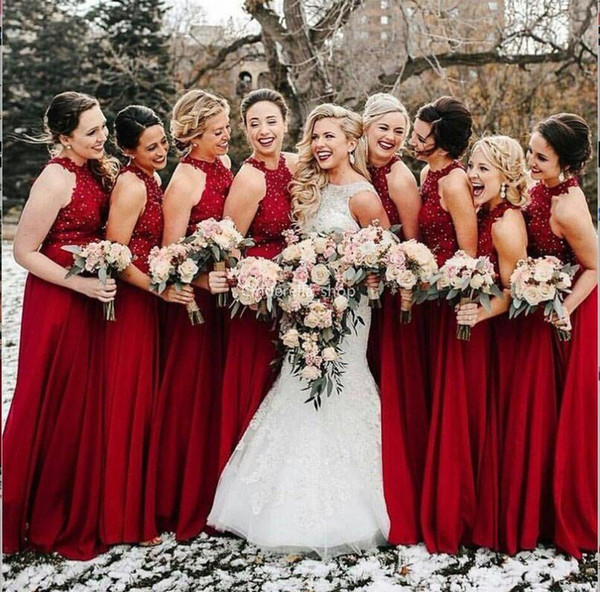 Charming Red Chiffon Bridesmaid Dresses Long Halter Lace Appliques Sequined Country Style Wedding Guests Gown robes de demoiselle d'hon