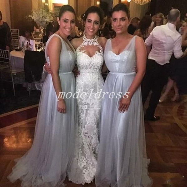 Silver Bridesmaid Dresses V Neck Sweep Train Draped Country Garden Wedding Guest Gowns Arabic Maid Of Honor Dress Plus Size Cheap