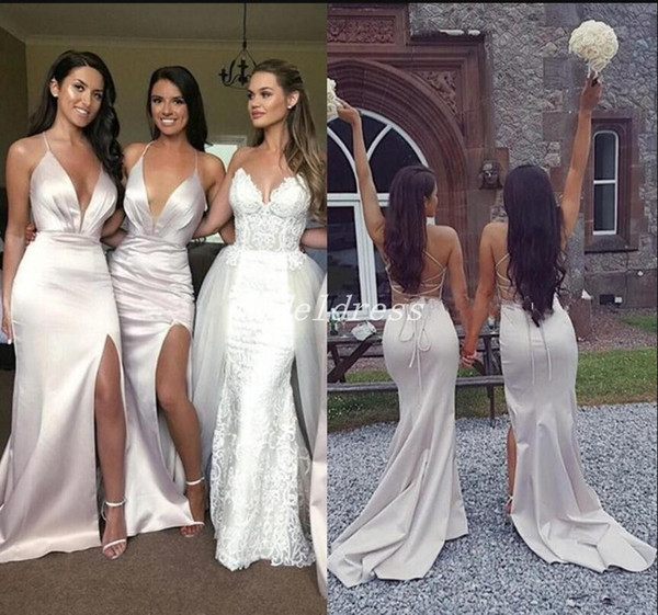 Silver Mermaid Bridesmaid Dresses Spaghetti V Neck Side Split Criss Cross Straps Country Beach Wedding Guest Gowns Maid Of Honor Dress