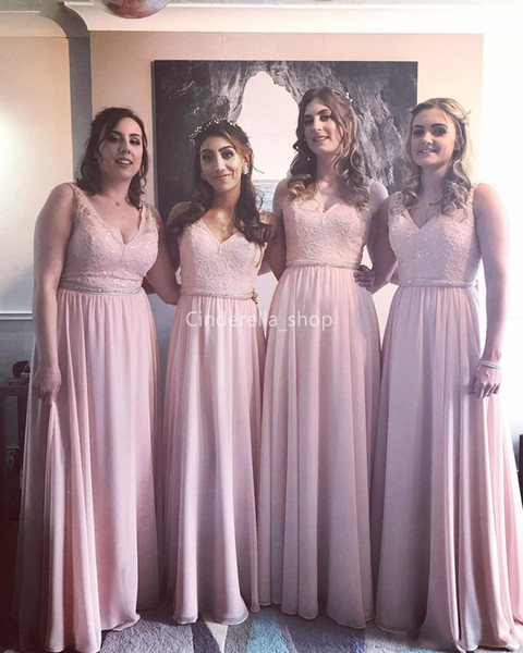 Beautiful Pale Pink Chiffon Bridesmaid Dresses Long V-Neck Lace Appliques Sequined Sash Wedding Guest Dresses Plus Size vestidos