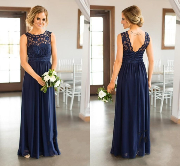 Navy Blue Bridesmaid Dresses Chiffon A Line Lace Sleeveless Floor Length Elegant Formal Evening Gowns for Weddings Party Custom Made