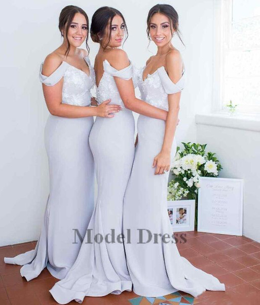 Grey Bridesmaid Dresses Long Mermaid Floor Length Off the Shoulder Flower Appliques Satin V Neck Evening Party Gowns New Arrivals