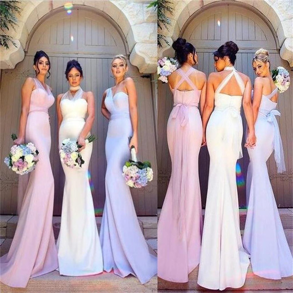 Mermaid Long Bridesmaid Dresses with Tulle Sashes Convertible Neckline Simple Floor Length Party Dresses for Wedding Guest Cheap Elegant