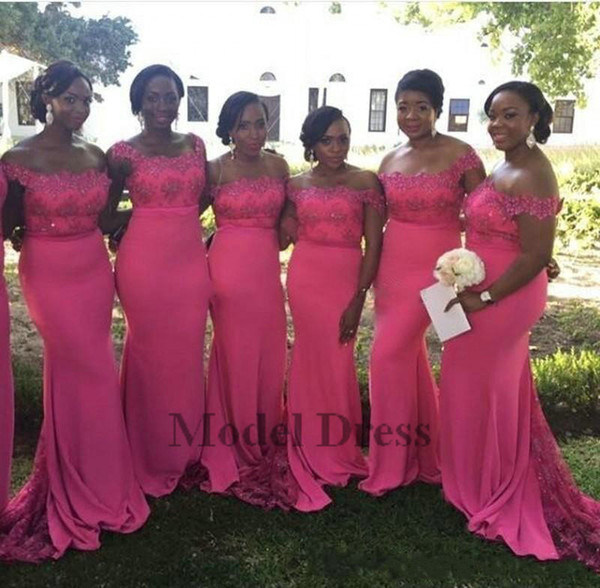 Fuchsia Bridesmaid Dresses Long Mermaid Off the Shloulder Lace Appliques Sequins Elegant Maid of Honor Dresses for Weddings Party Handmade