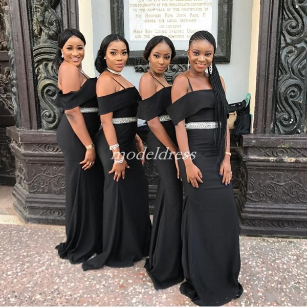 Black African Mermaid Bridesmaid Dresses Spaghetti Sash Beads Garden Country Black Girl Wedding Guest Gowns Maid Of Honor Dress Cheap